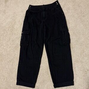 Studio F Womens Designer Cargo Pants High Waisted Ankle Crop Cuffed Black, Sz 6
